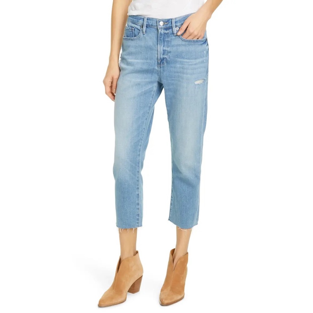 FRAME Le Beau Crop Jeans NWT High Rise Straight Raw Hem Light Wash SZ 31